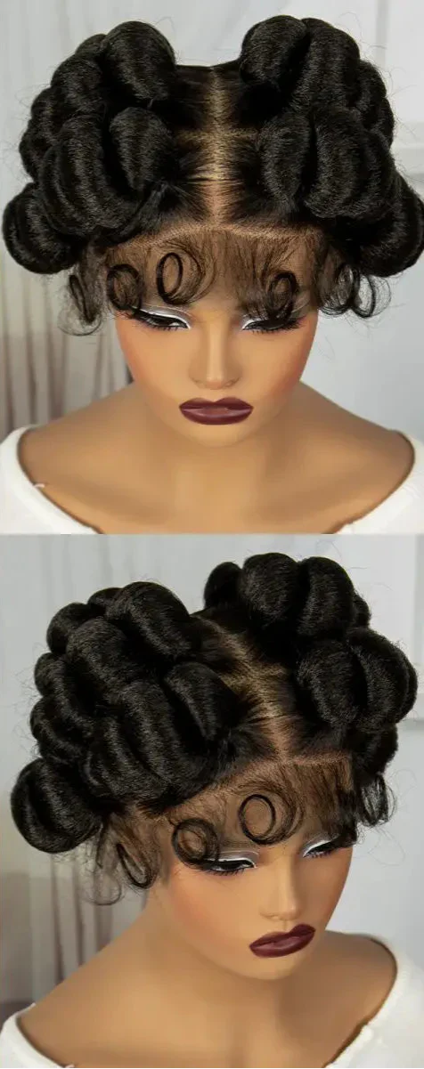 6" Short Cute Burgundy Bantu Knotless Braids Wig | Transparent Full Lace