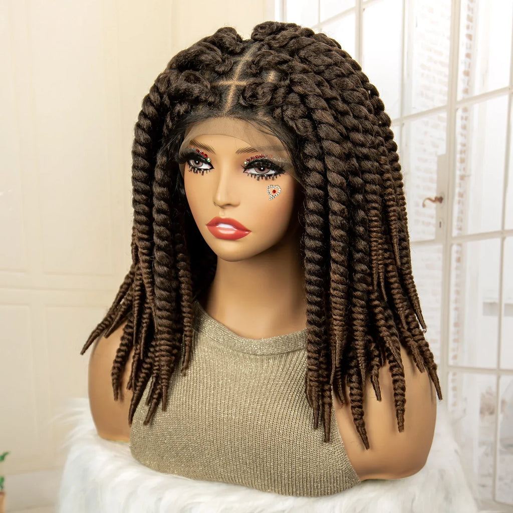 16 Inch Brown Twisted Braided Bob Wig | Full Lace | Kanekalon Fiber | For Black Women