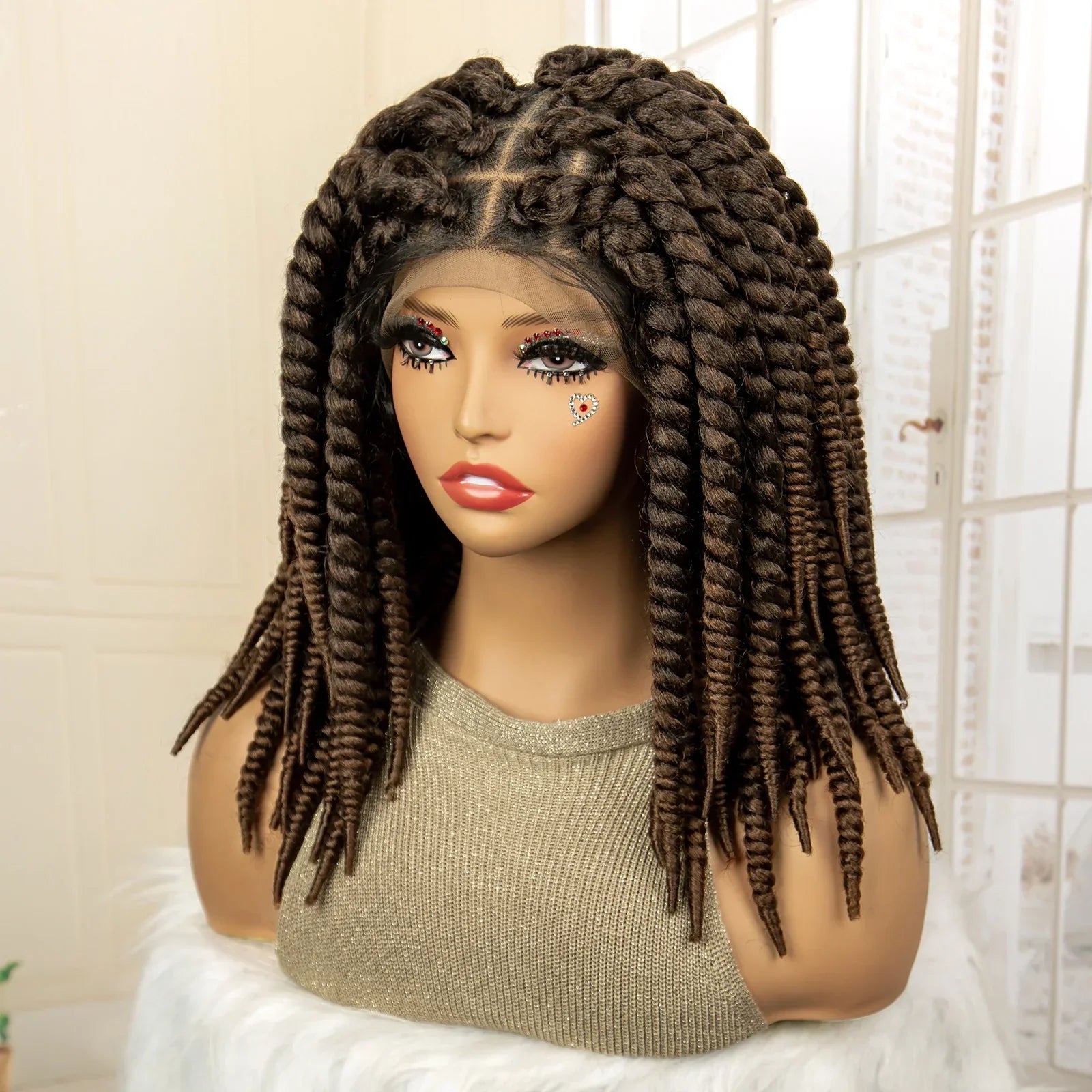 16 Inch Brown Twisted Braided Bob Wig | Full Lace | Kanekalon Fiber | For Black Women