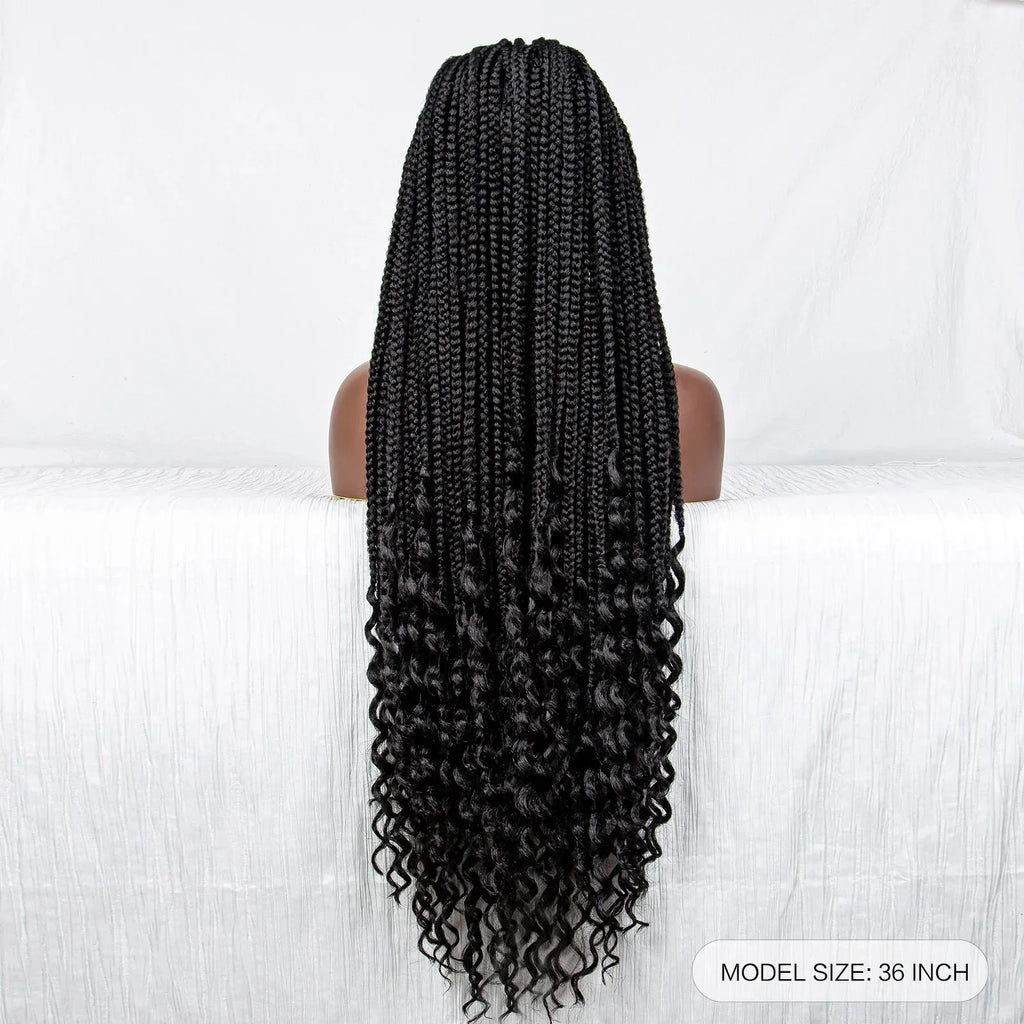 36" Curly End Box Braided Full Lace Wig | Straight Cornrows | Kanekalon Synthetic Braids