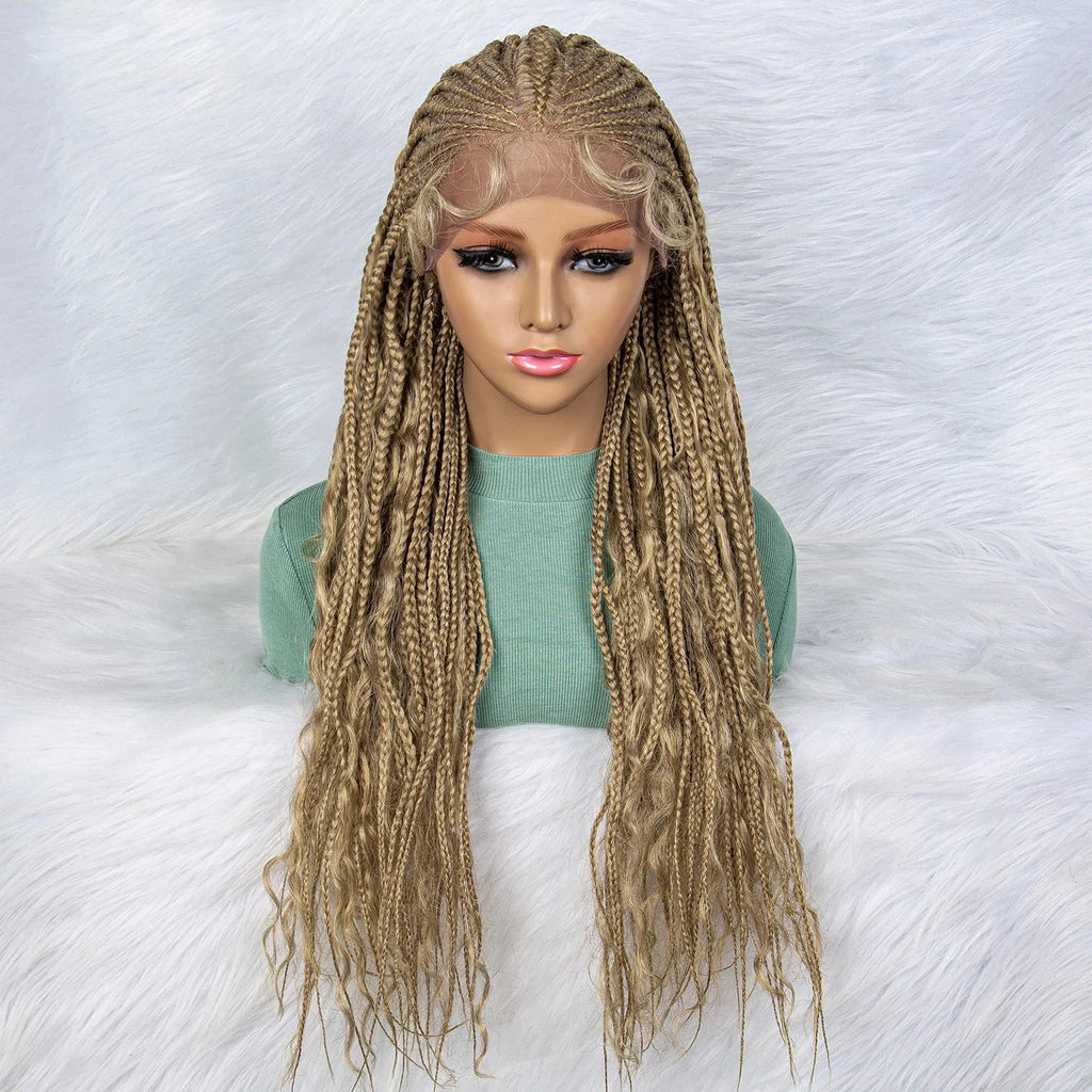 28" 613 Blonde Straight Cornrow Box Braids Lace Front Wig - Long Synthetic Knotless Braids with Baby Hair