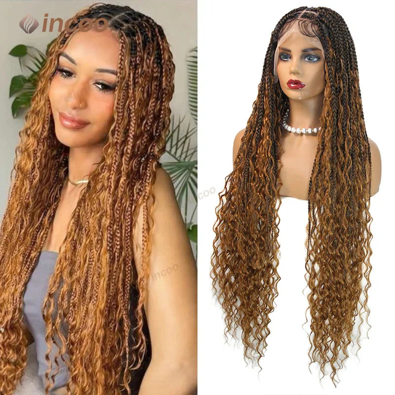 36" Boho Curly Box Braided Lace Wig | Knotless Cornrows | Synthetic Braids for Black Women