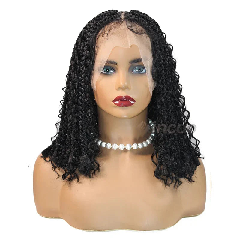 12" Short Bob Boho Braided Wig | 360 Full Lace Front | Goddess Box Braids & Curly Hair | Knotless Cornrow Wig