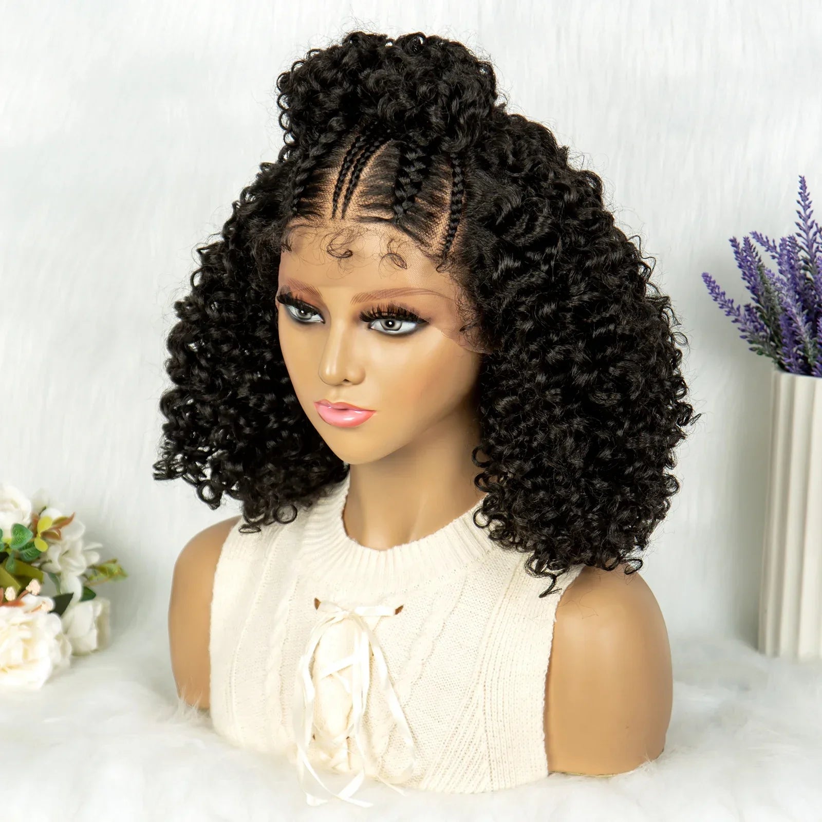 16" Kima Cornrow Twist Curly Bob Wig with Braided Top Knot Bun | 13x4 Lace Front Synthetic Hair