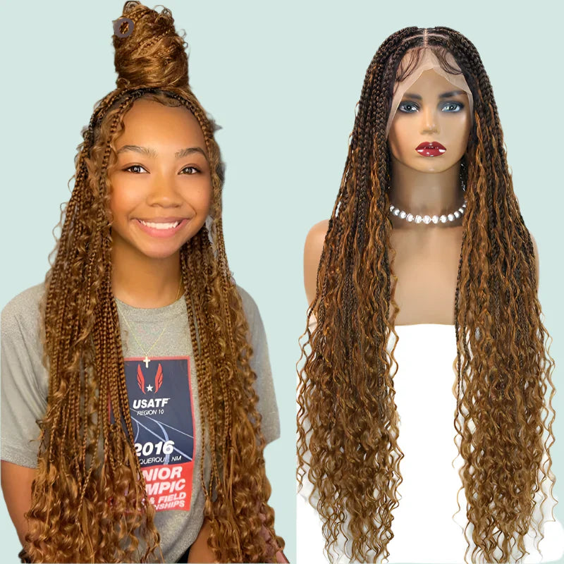 36" Bohemian Crochet Braided Wig | Full Lace | Blonde Goddess Locs & Box Braids | Curly Hair | Synthetic