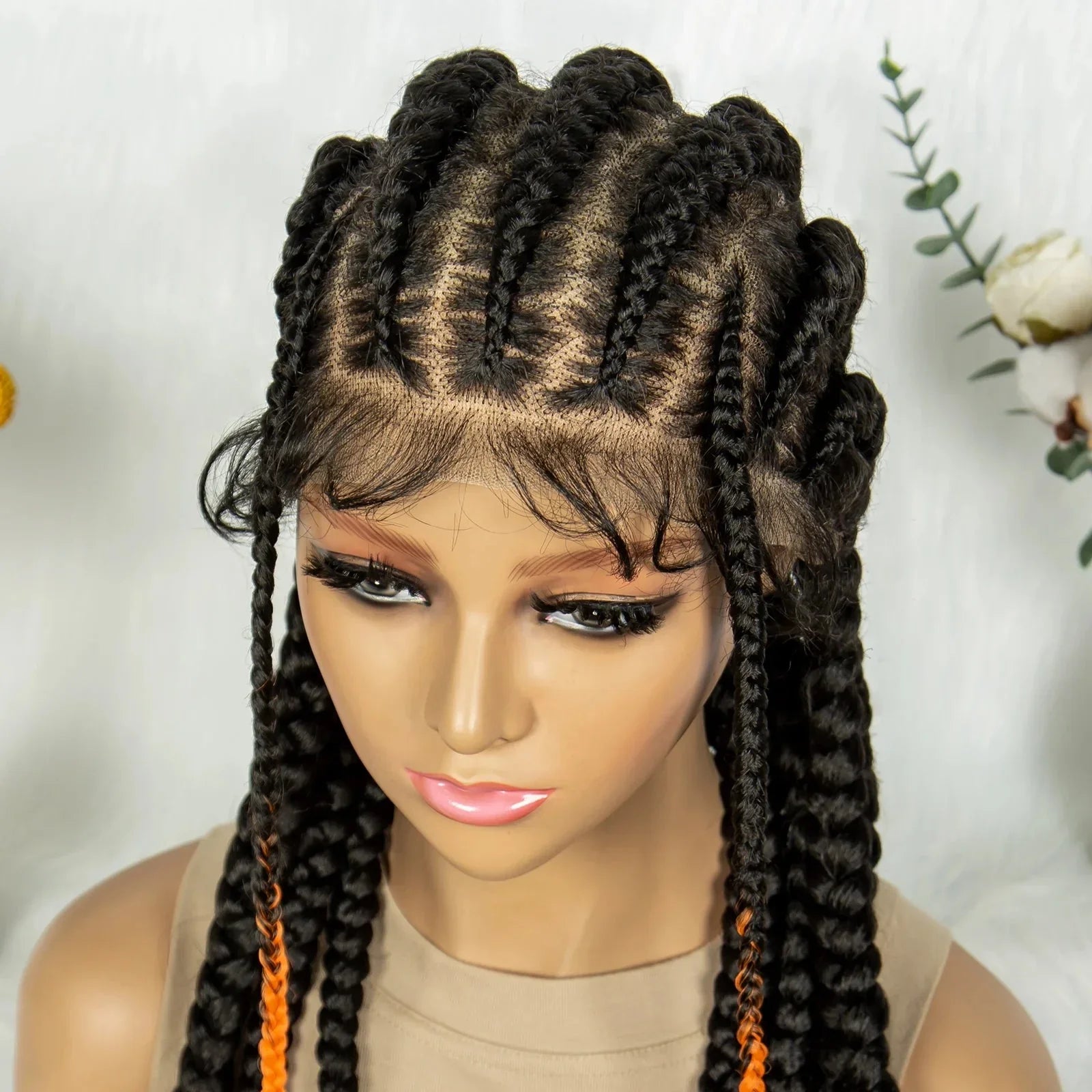 24" Orange Highlight Cornrow Braided Wig | Full Lace Synthetic Wig for Black Women | High-Temp Fiber | Daily Wear