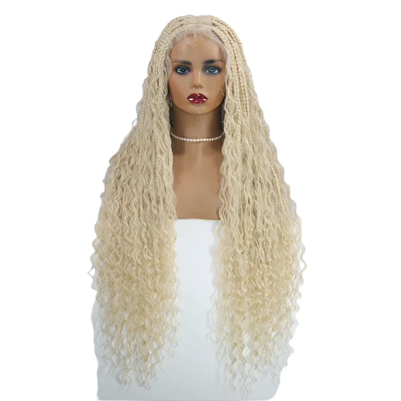 32" Box Braided Wig with Boho Curls - Knotless Braids, Cornrow Style, Lace Front Wig for Black Women (Natural Black)