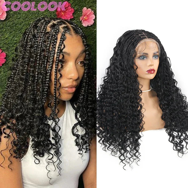 24" Boho Box Braids Lace Frontal Wig | Deep Wave Goddess Braids | Curly Ends | Black Full Lace Synthetic Wig