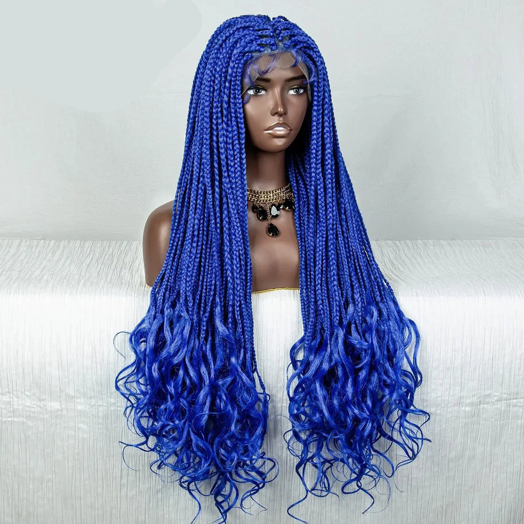 36" Blue Knotless Box Braids Lace Front Wig | Baby Hair | Crochet Braids | Black Women