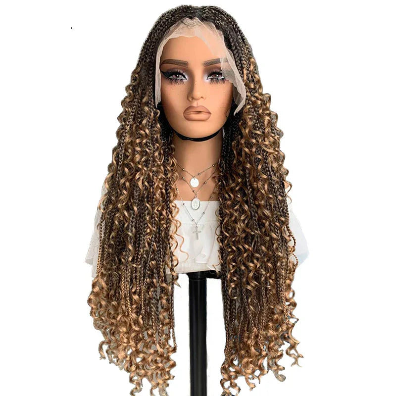 22" Curly End Box Braided Full Lace Front Wig | Goddess Locs | Bohemian Braids | Synthetic Wig