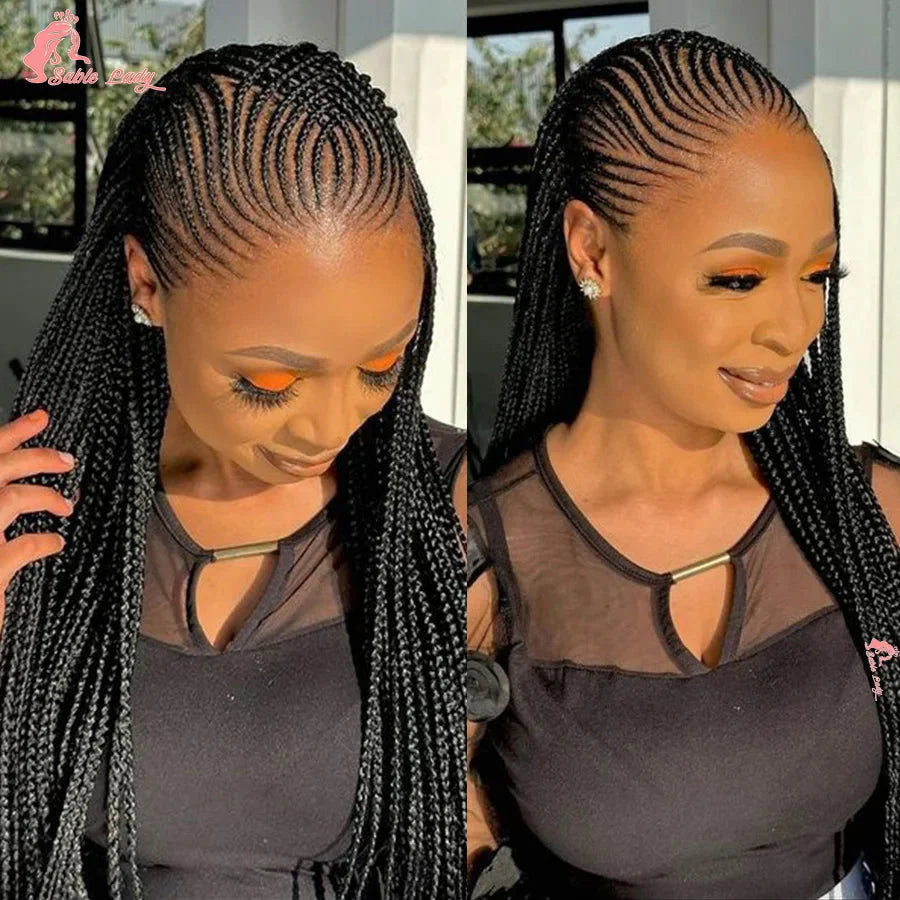 36" Knotless Box Braids Wig | Fulani Cornrows | 360 Full Lace | Baby Hair | Black Women