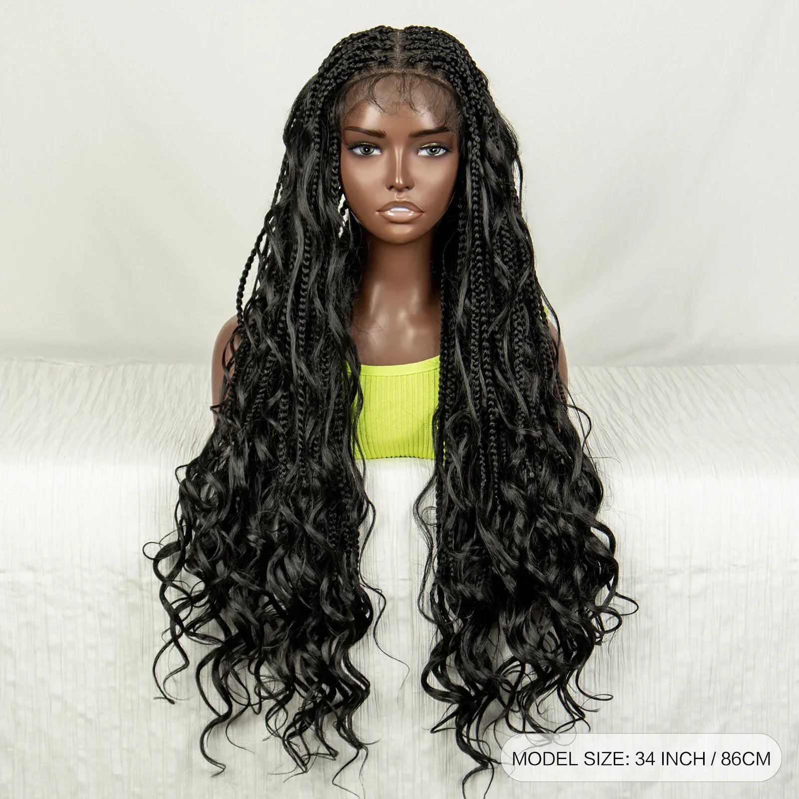 34" Natural Curly Knotless Box Braids Wig | Deep Wave Accents | Full Lace | Baby Hair