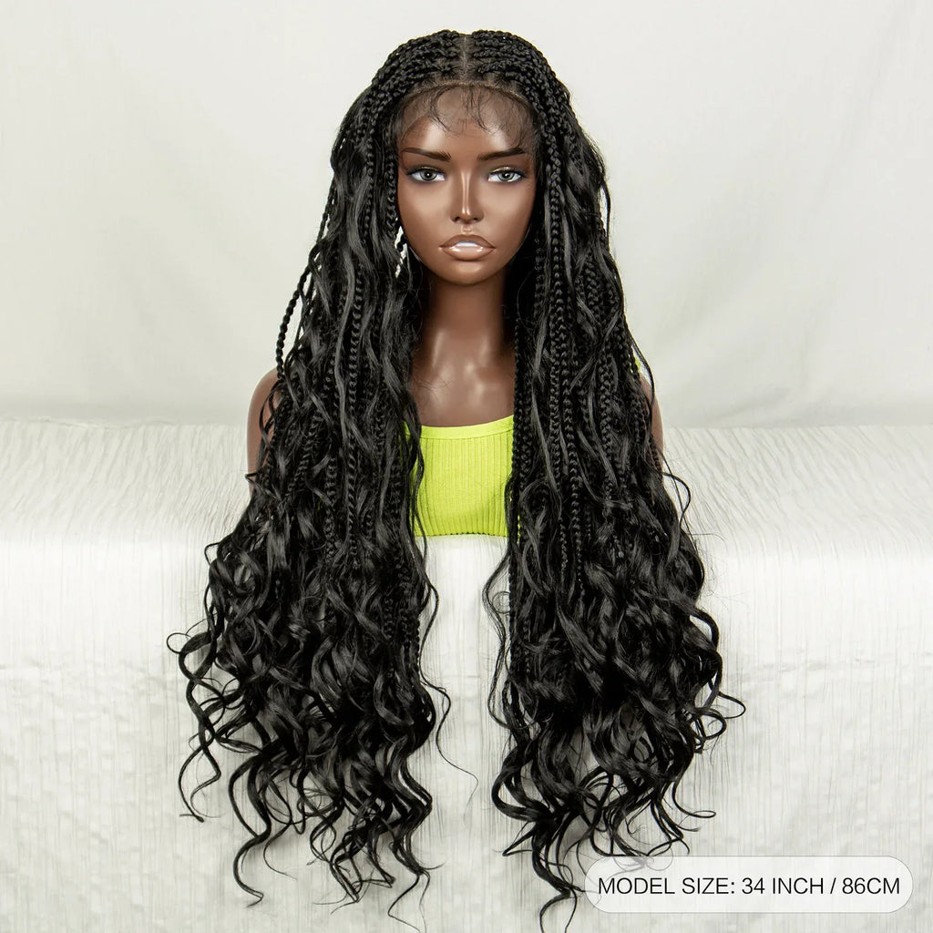 34" Natural Curly Knotless Box Braids Wig | Deep Wave Accents | Full Lace | Baby Hair
