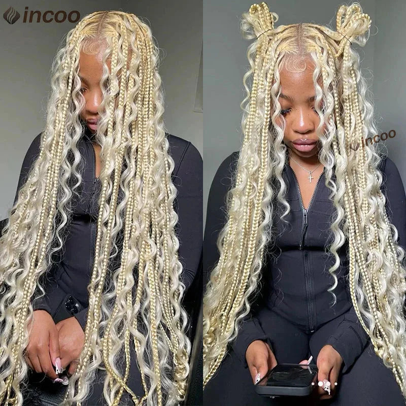 613 Blonde Boho Box Braids Wig | Curly Ends | Full Lace Front | Goddess Locs Accents