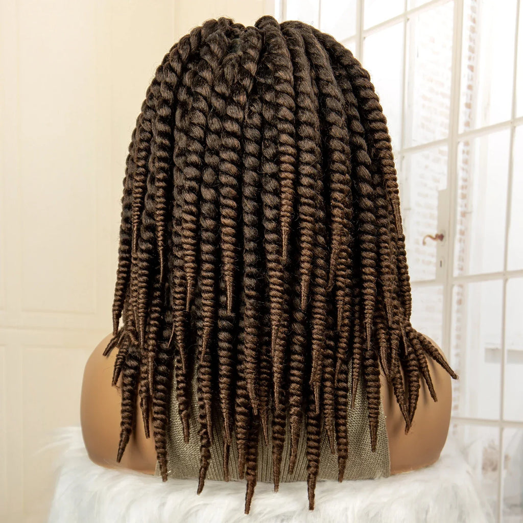 16 Inch Brown Twisted Braided Bob Wig | Full Lace | Kanekalon Fiber | For Black Women