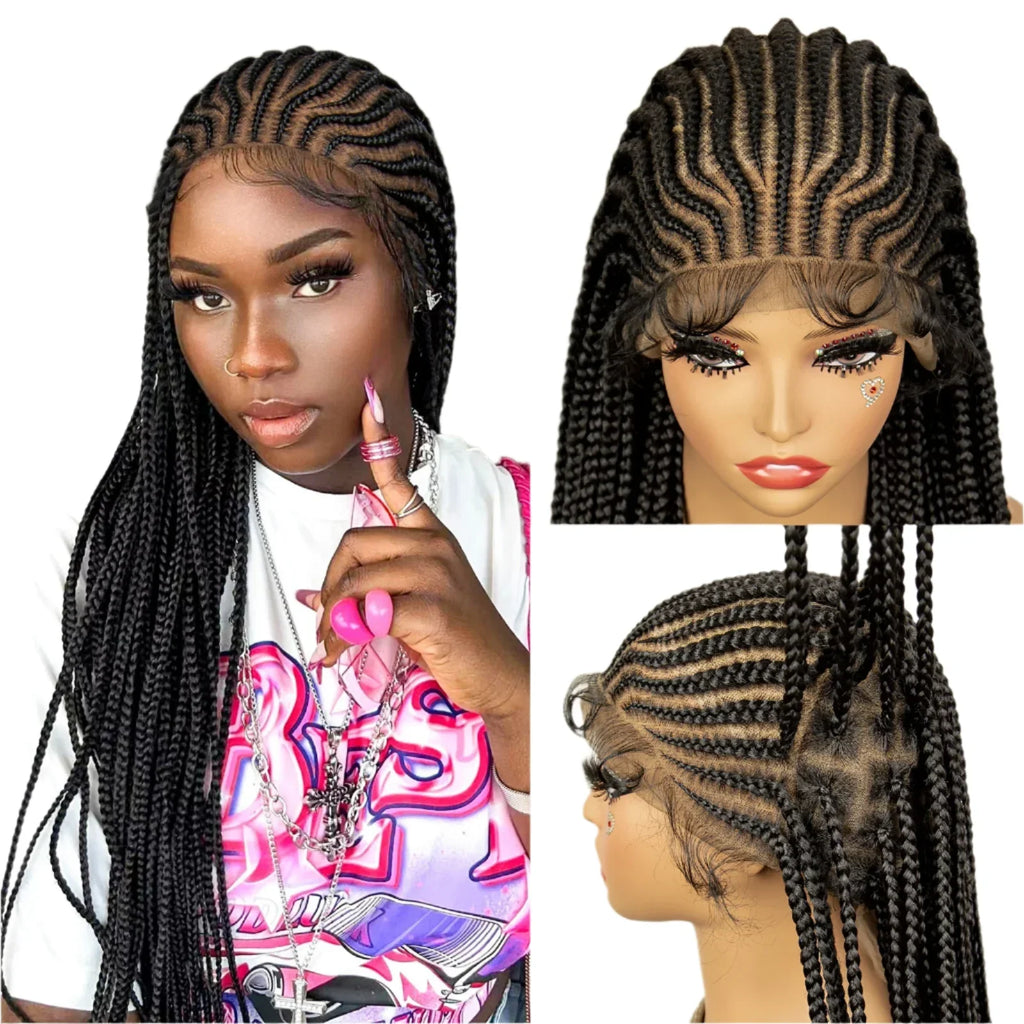 34" Handmade Cornrow & Box Braids Wig | HD Full Lace | Knotless Braids | Synthetic Hair | Black Women