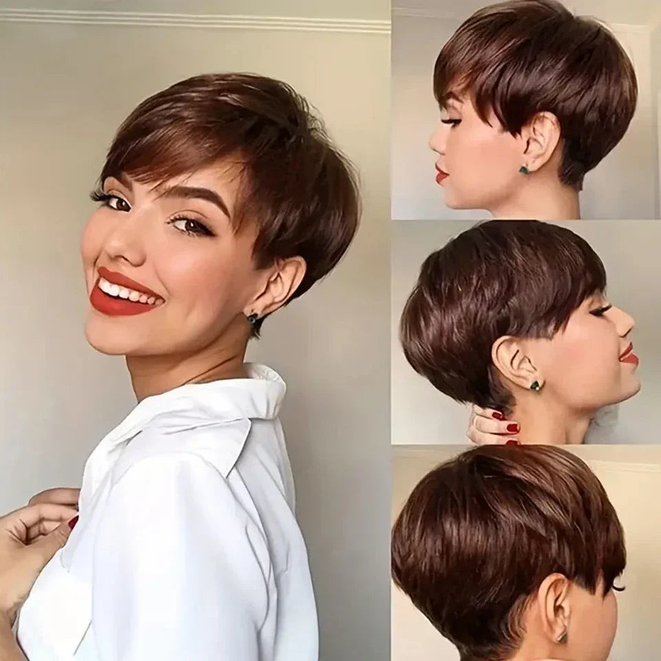 99J Burgundy Red Straight Bob Pixie Human Hair Wig with Bangs | Brazilian Remy Hair for Women