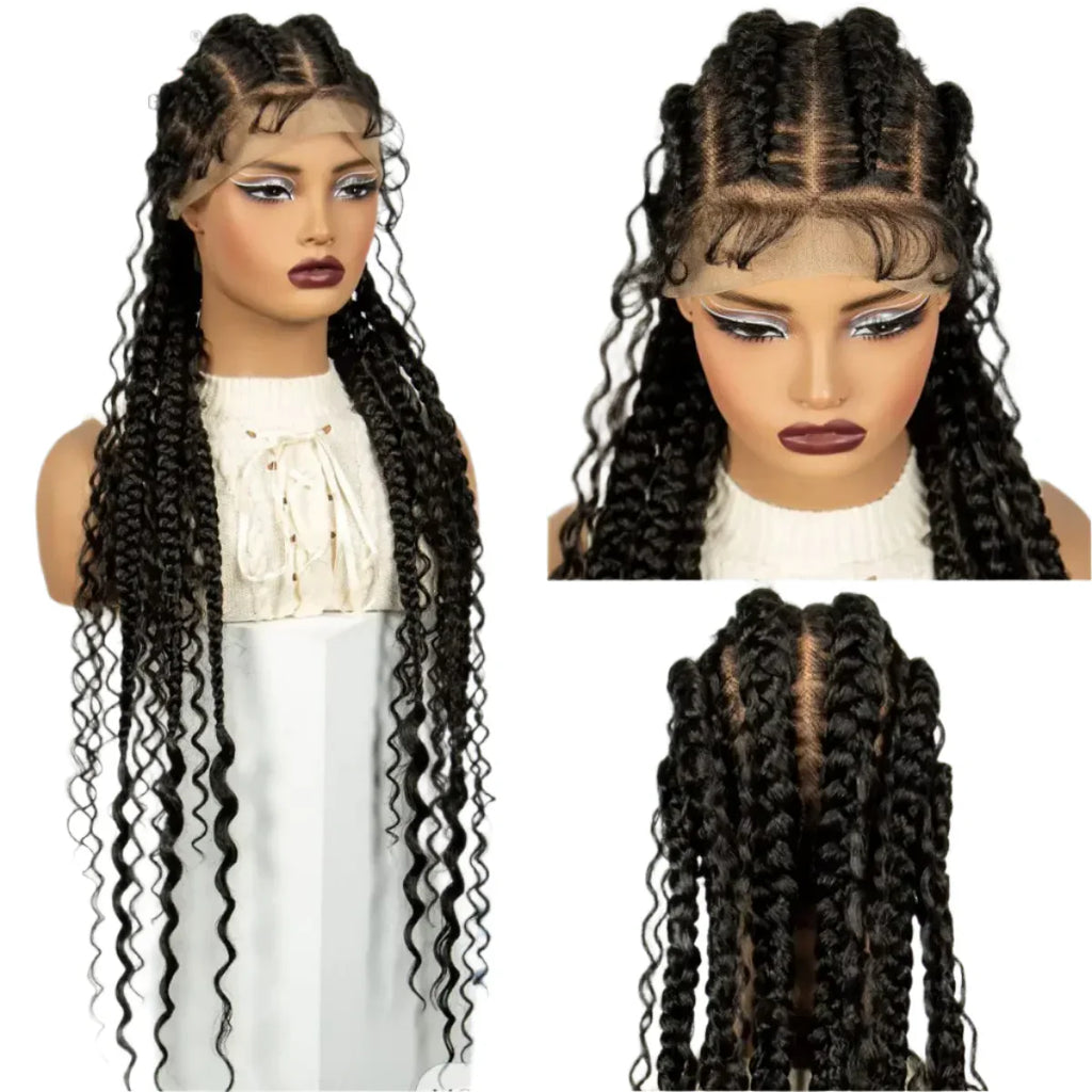 34" Cornrow Braids Wig with Curly Ends | Full Lace Frontal