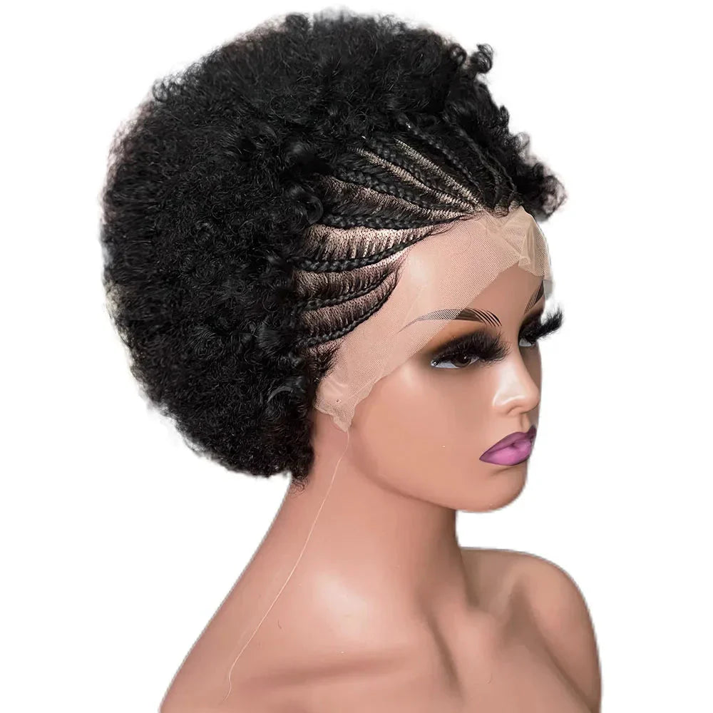 6" Afro Curly Braided Lace Front Wig | 250% Density | Brazilian Remy Hair | Short Curly Wig