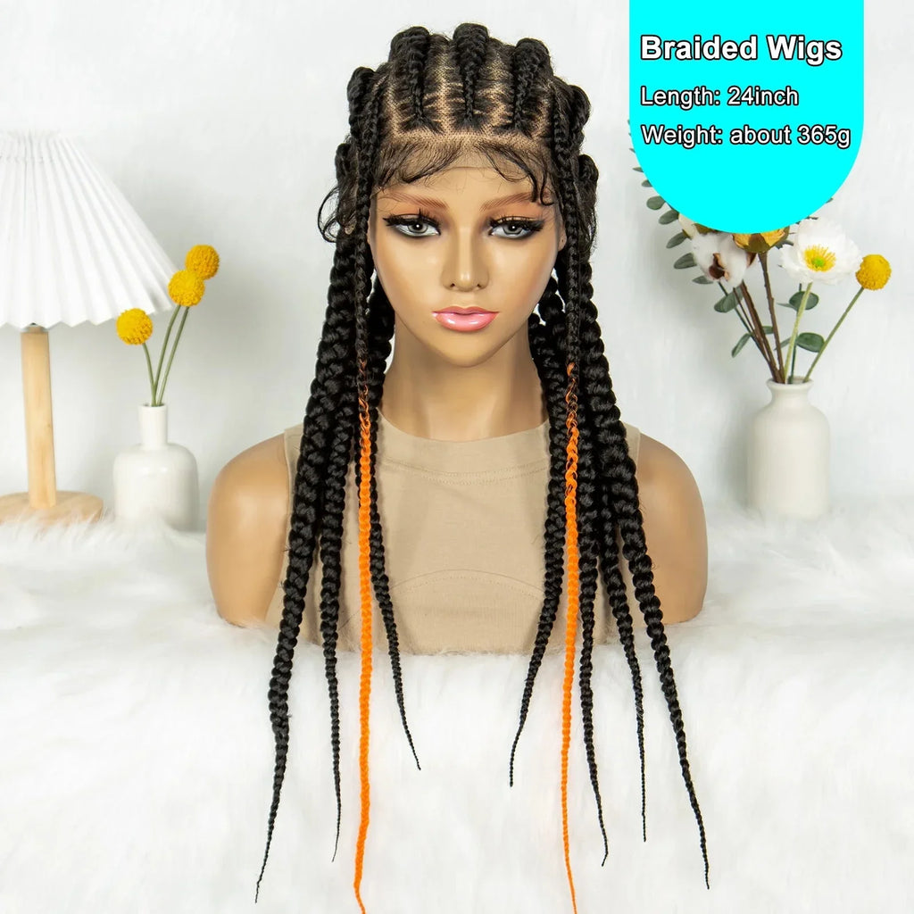 24" Orange Highlight Cornrow Braided Wig | Full Lace Synthetic Wig for Black Women | High-Temp Fiber | Daily Wear
