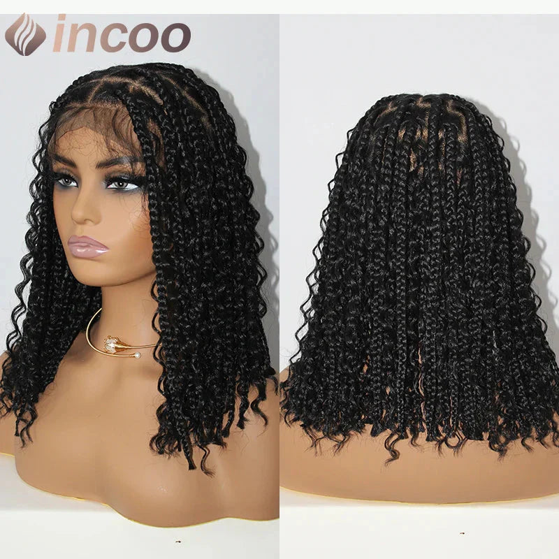 12" Boho Bob Braided Wig | Goddess Knotless Braids | 360 Full Lace | Curly Ends | Baby Hair