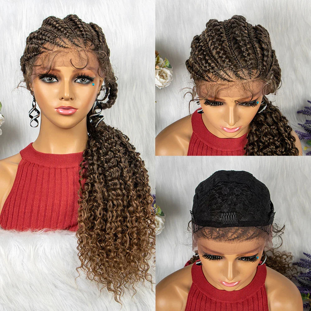 28" Burgundy Knotless Braids Wig with Curly Ends | Lace Front | Baby Hair