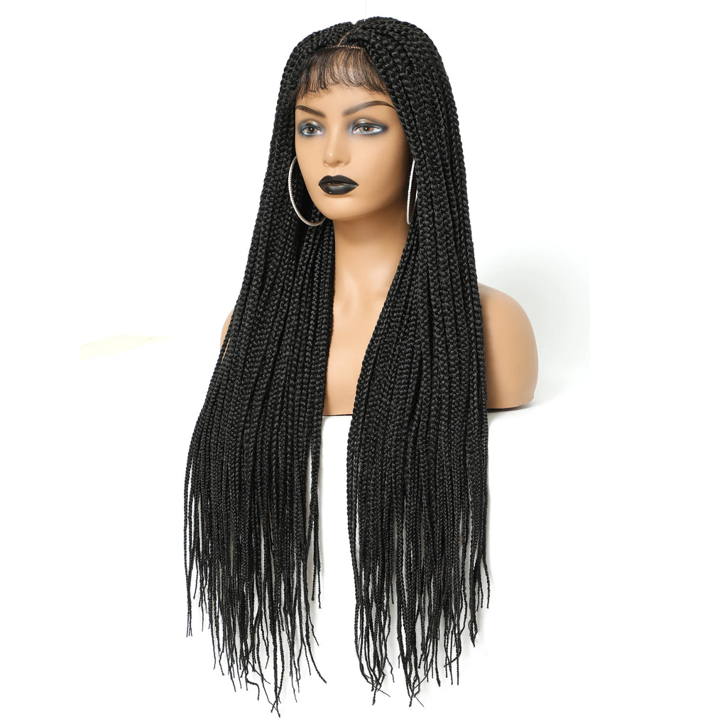 30" Long Box Braided 4x4 Lace Closure Wig | Baby Hair Twist Braids | Synthetic Cosplay Wig for Black Women