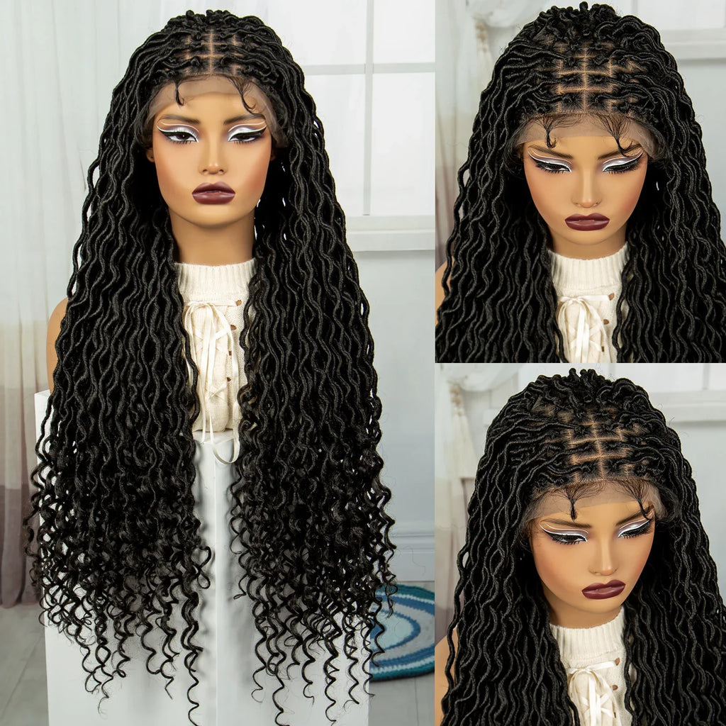 32" Water Wave Dreadlocks & Knotless Braids Wig | Lace Front | Baby Hair