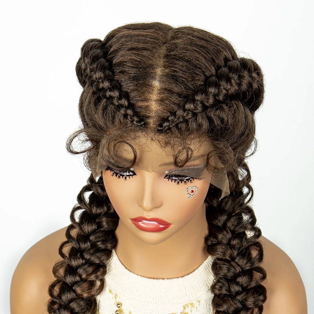 1B/30 Dark Brown Dutch Box Braids Wig | Synthetic Lace Frontal | Fishtail Braids | With Baby Hair | For Black Women