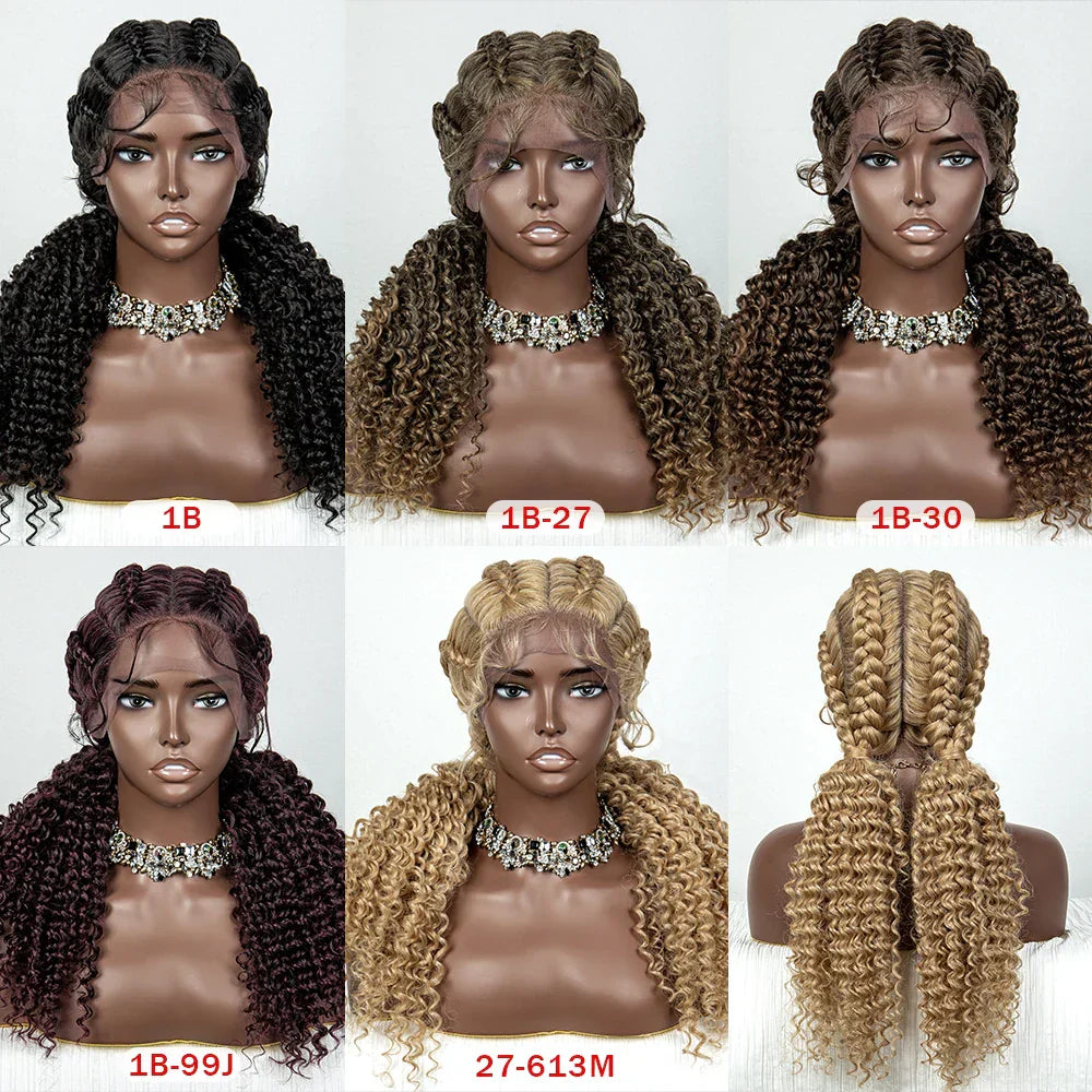 22" Box Braids Full Lace Wig | Two Curly Ponytails | Baby Hair | Synthetic Braided Wig