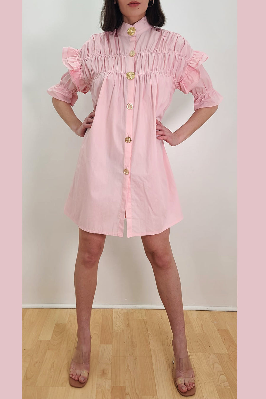 Half Sleeve Gold Button Down High Neck Short Dress