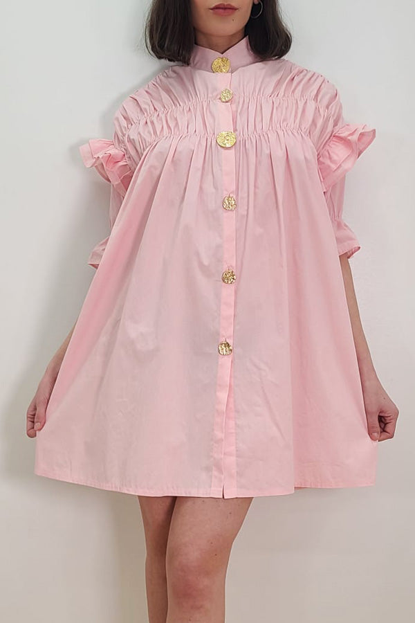 Half Sleeve Gold Button Down High Neck Short Dress