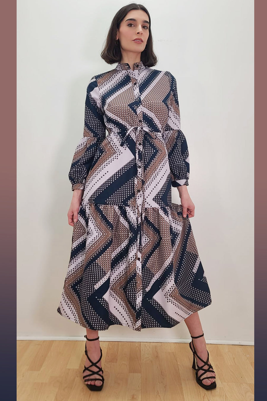 Long Sleeve Drawstring Belt Button Down Cotton Dress