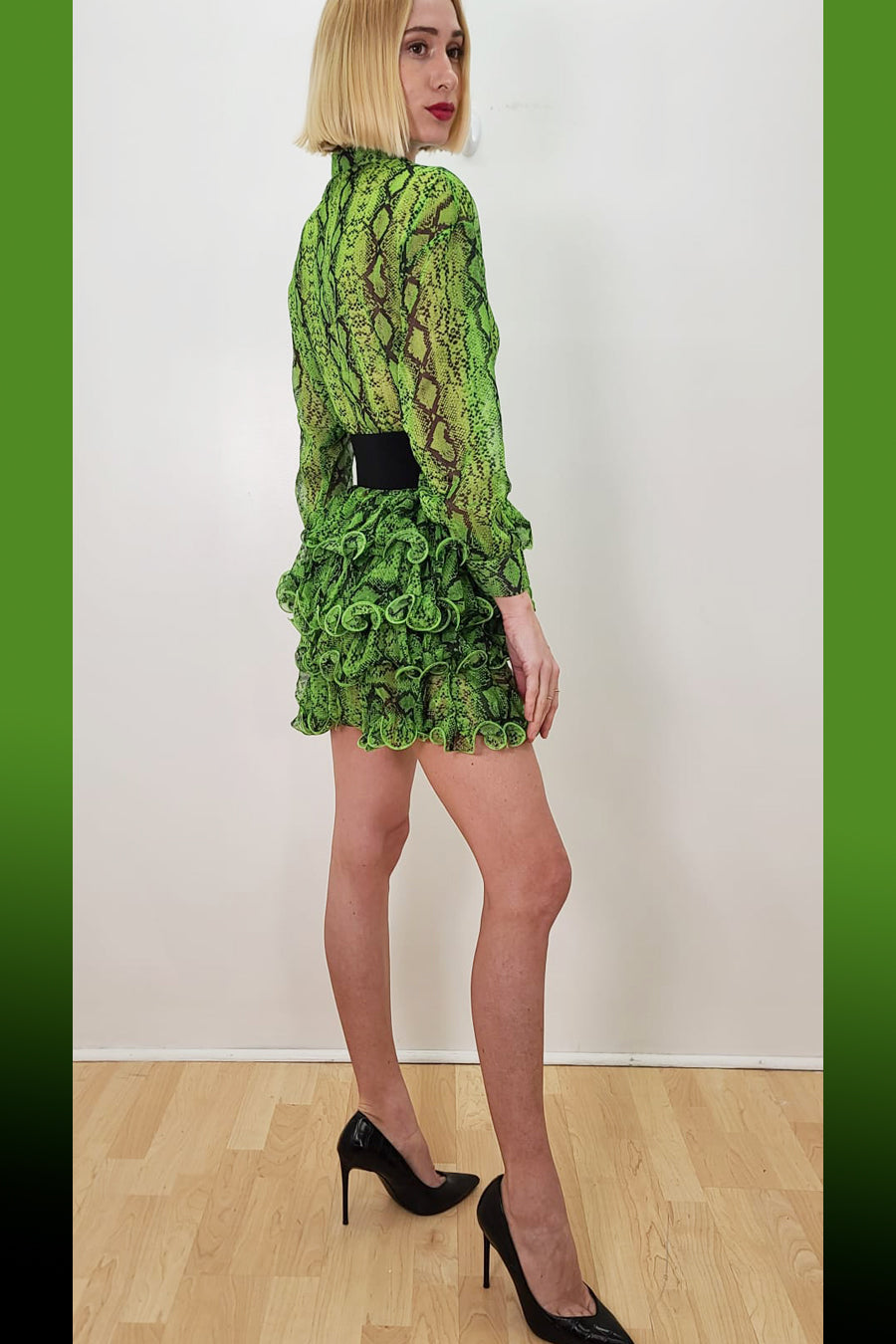 Long Sleeve Snakeskin Print Ruffle Chiffon Short Dress