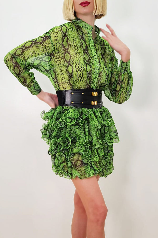 Long Sleeve Snakeskin Print Ruffle Chiffon Short Dress