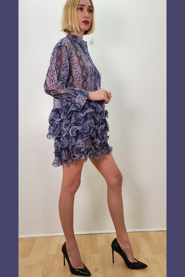 Long Sleeve Snakeskin Print Ruffle Chiffon Short Dress