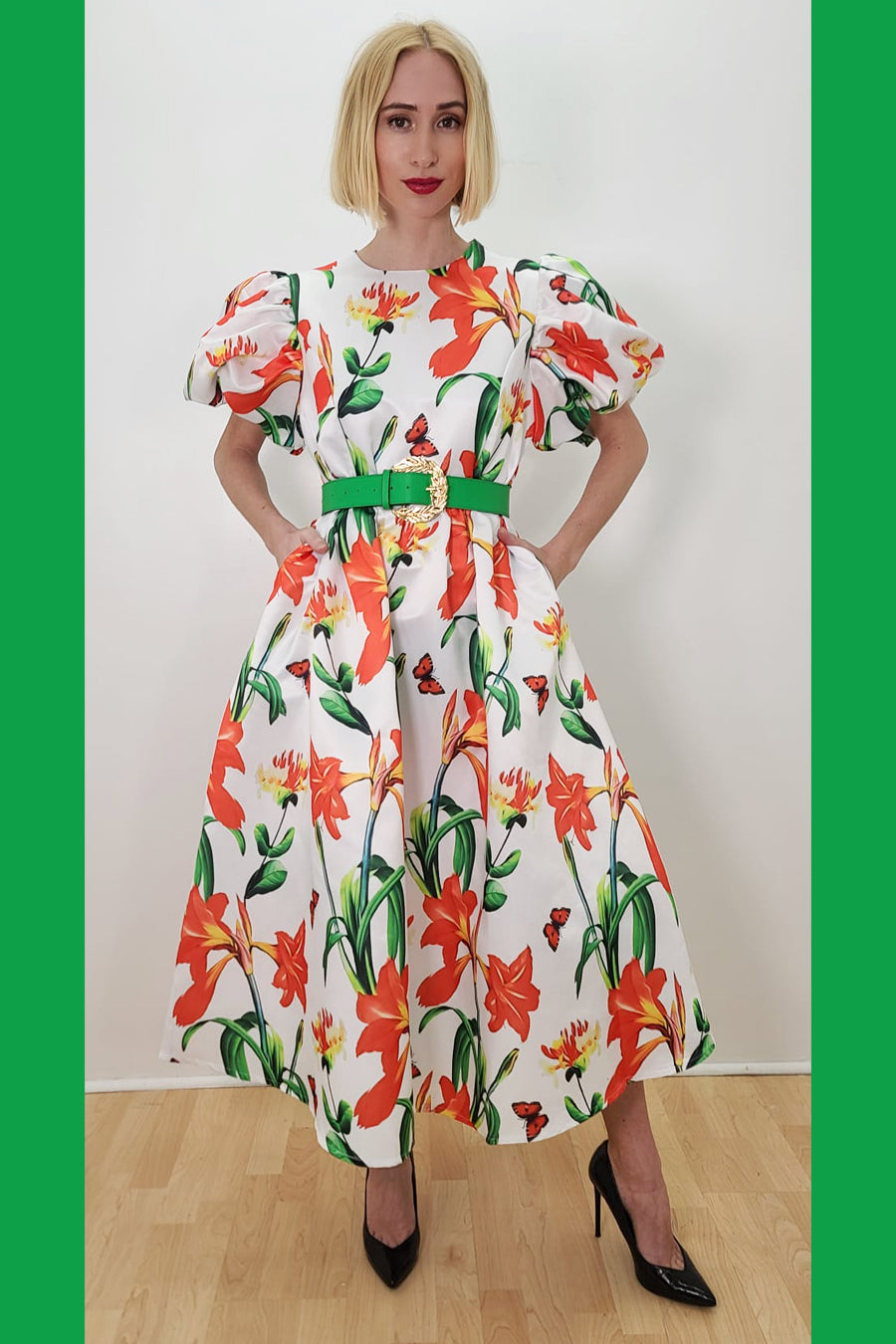 Puff Sleeve Flower Print Pockets Midi Dress