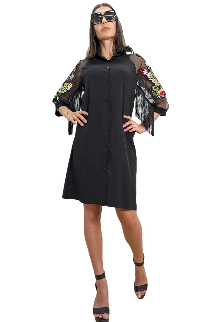 Embroidered Fringe Sleeve Button Down Short Dress