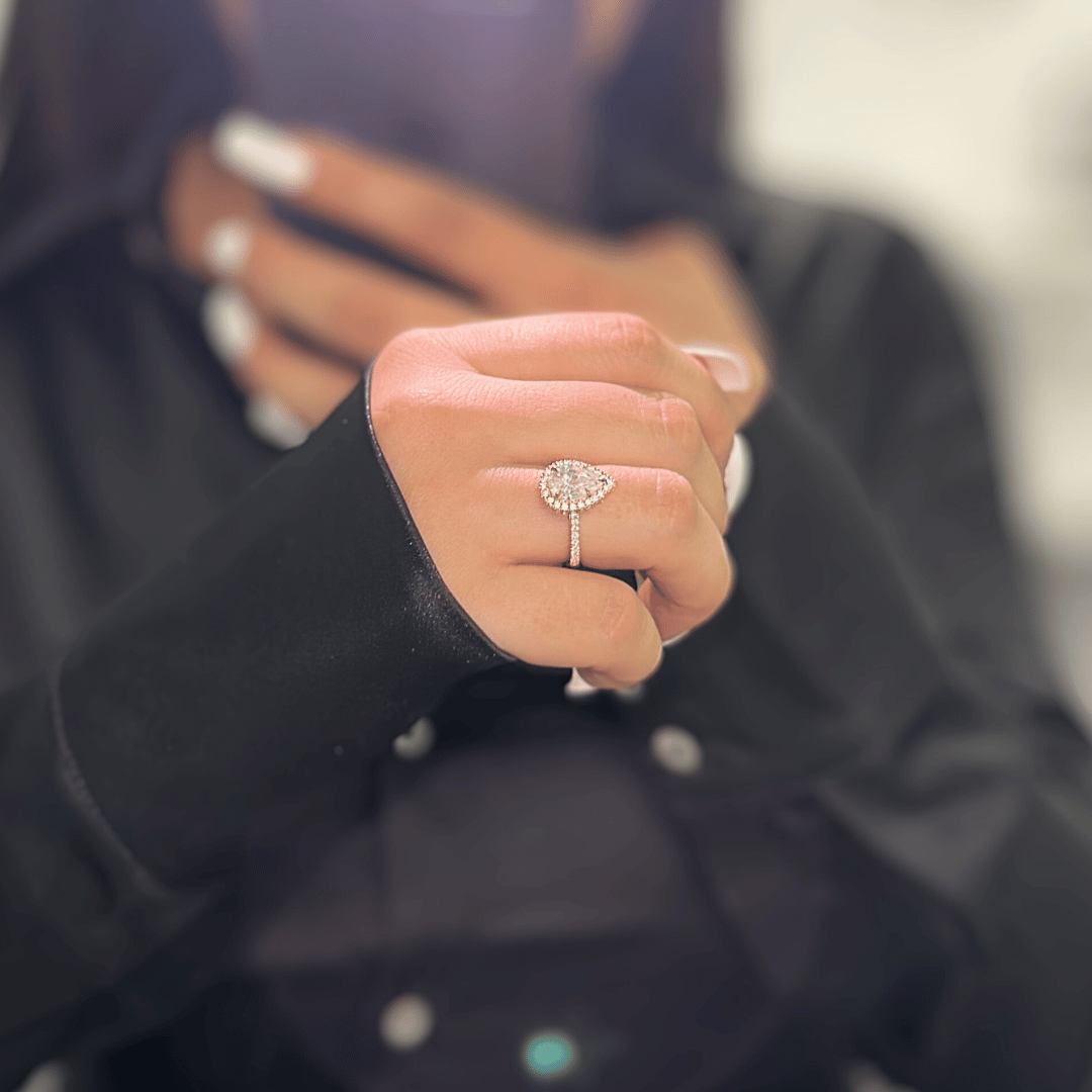 2.0ct Pear Cut Black Moissanite Halo Engagement Ring