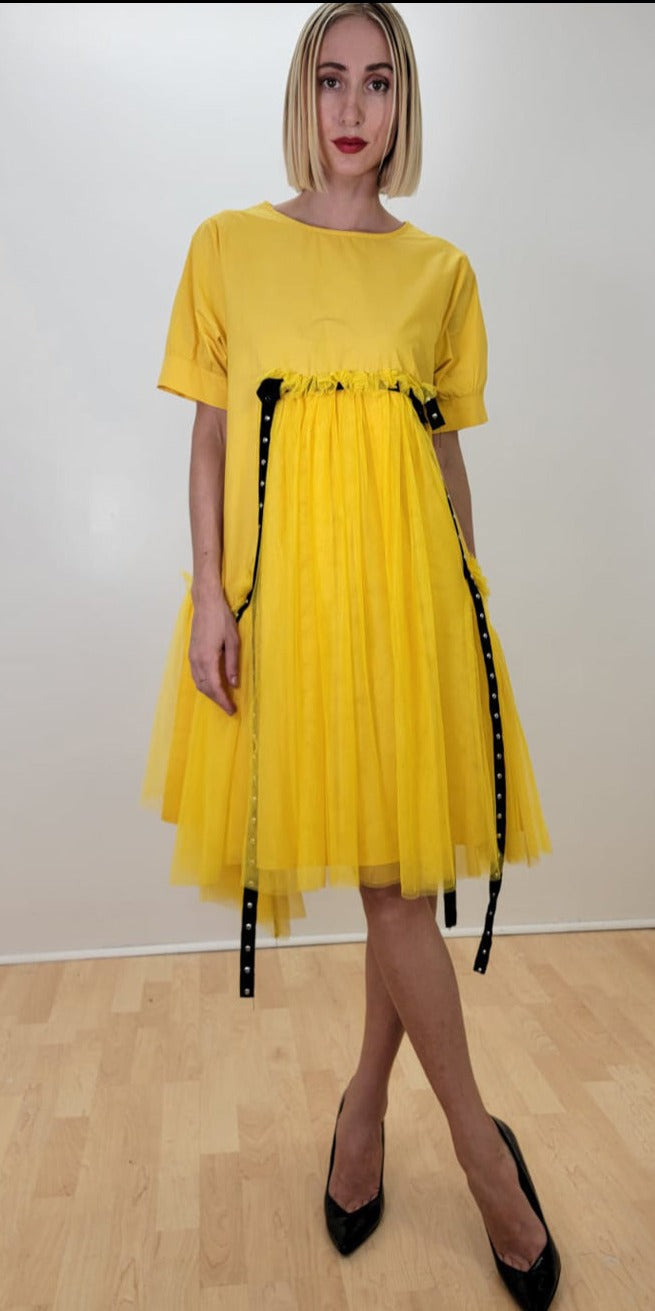 Short Sleeve Tulle Semi Formal Dress