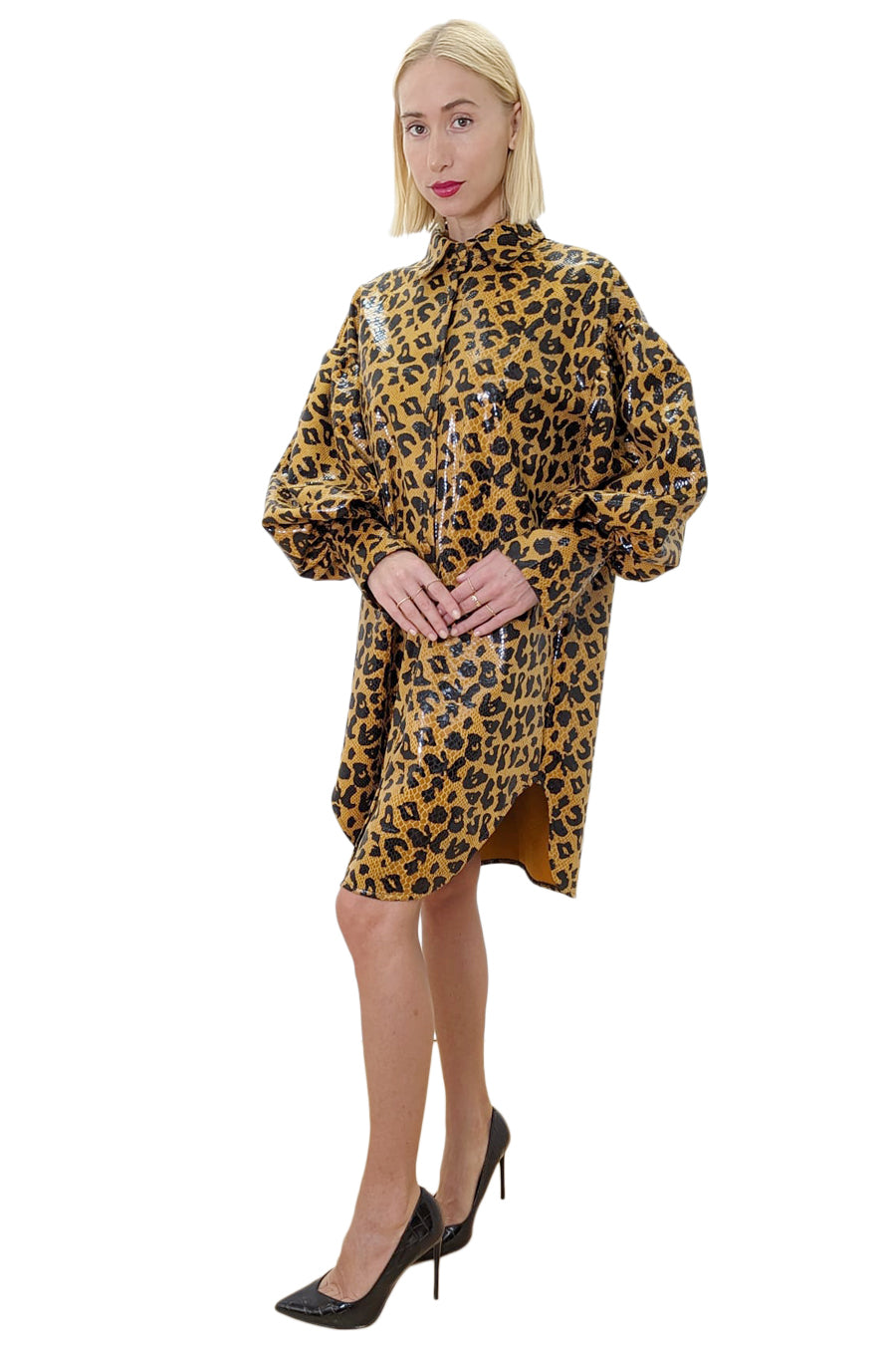 Long Sleeve Leopard Snakeskin Leather Button Down Dress