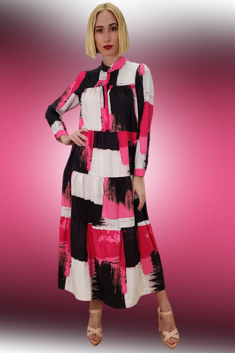 Long Sleeve High Neck Button Maxi Dress