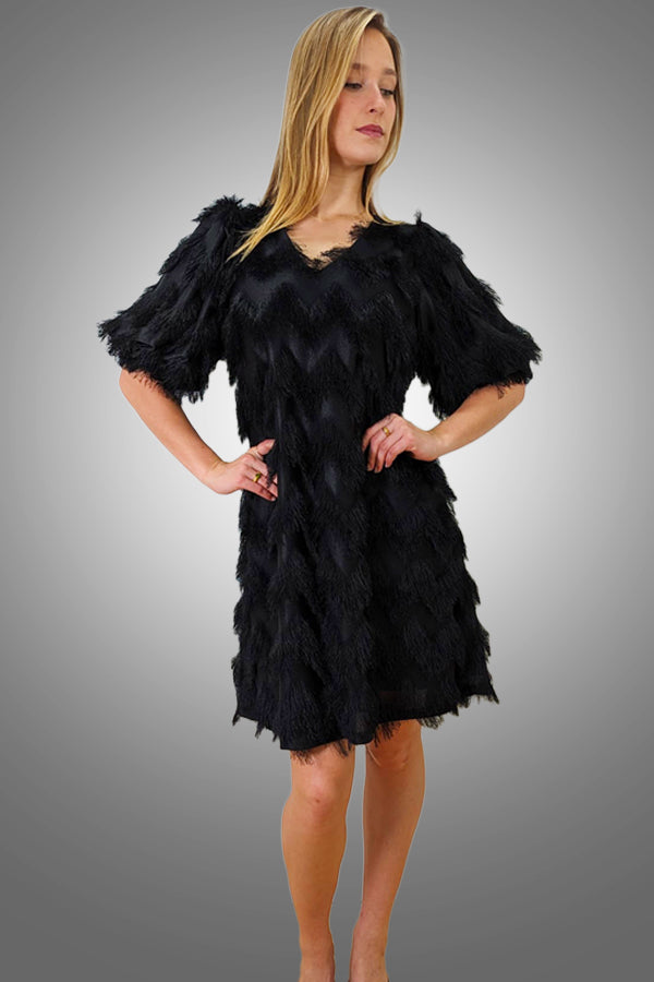 Short Sleeve Fringe V Neck Dress