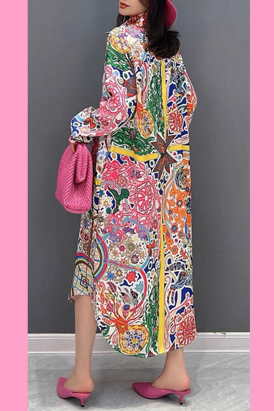 Long Sleeve Multi Colored Button Down Pockets Dress