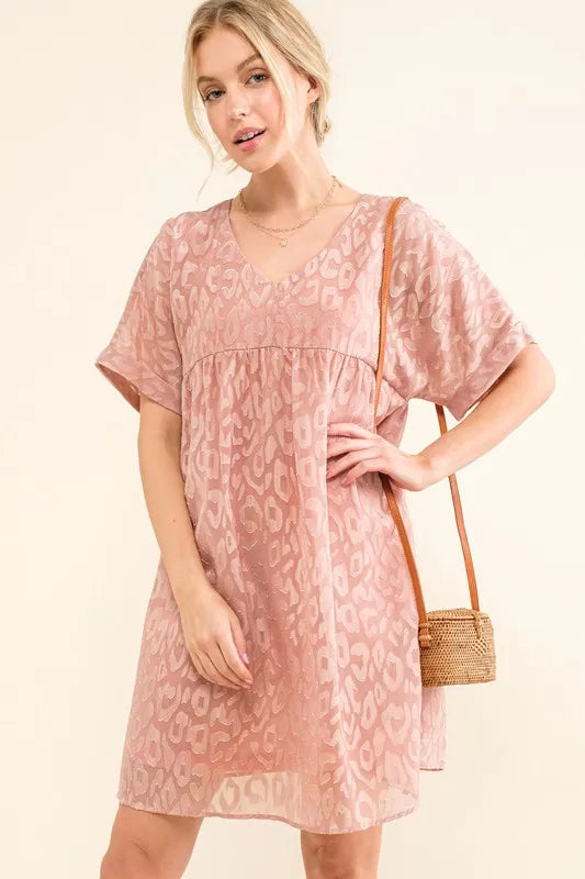 And The Why Woven Leopard Baby Doll Roll-Sleeve Casual Dress