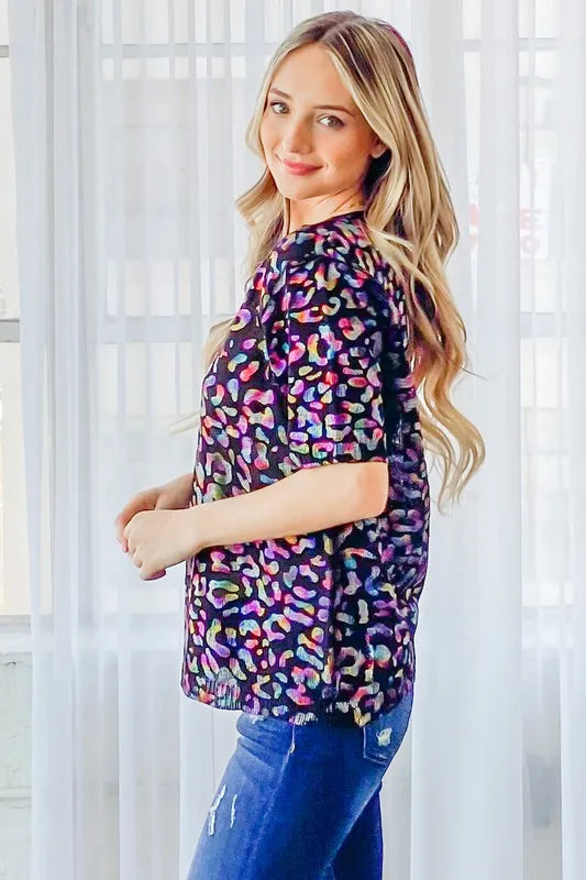 And The Why Leopard Foil Printed Half Sleeve Summer Sweater