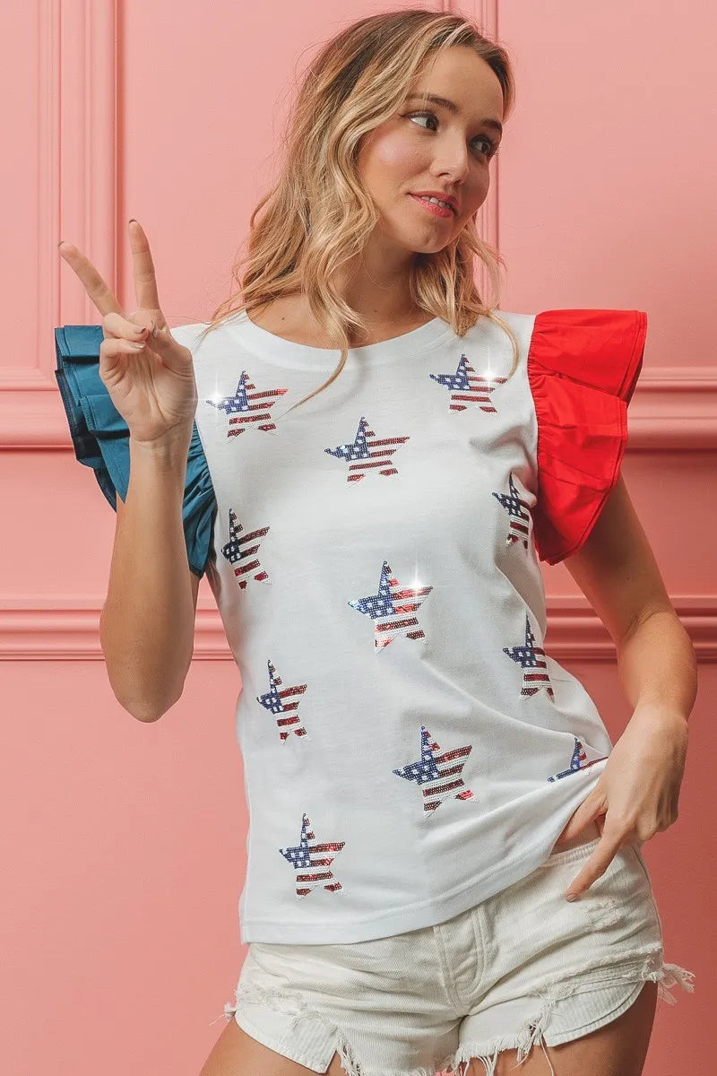 American Flag Sequin Stars Top