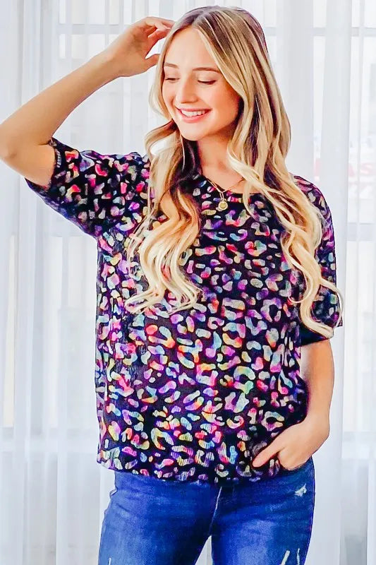 And The Why Leopard Foil Printed Half Sleeve Summer Sweater