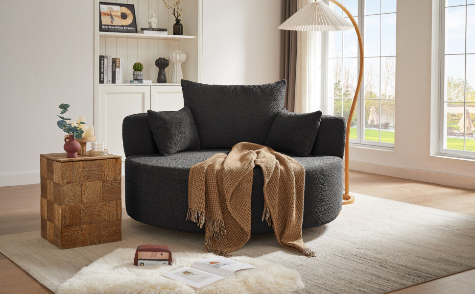 360° Swivel Accent Barrel Chair with Removable Pillows, Black Chenille, 56.3x56.3x36.5 inches