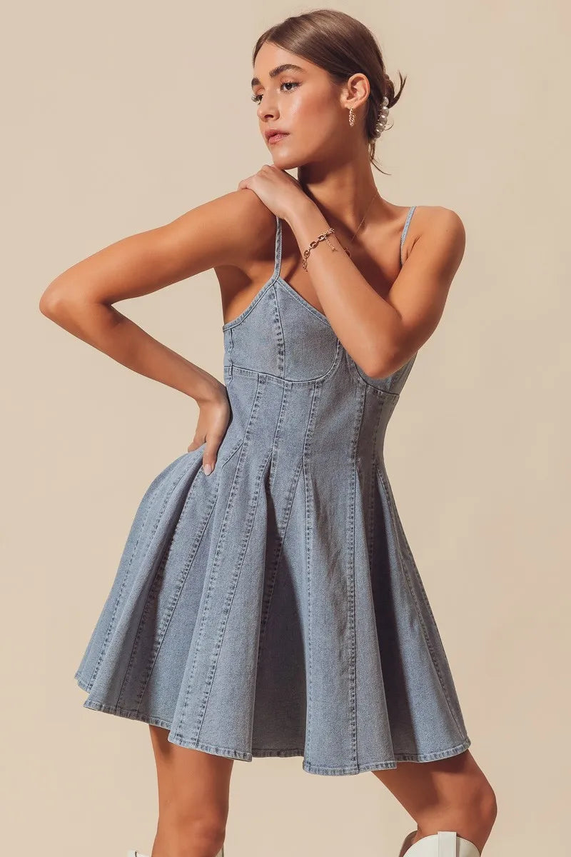 A Line Fit and Flare Denim Mini Dress